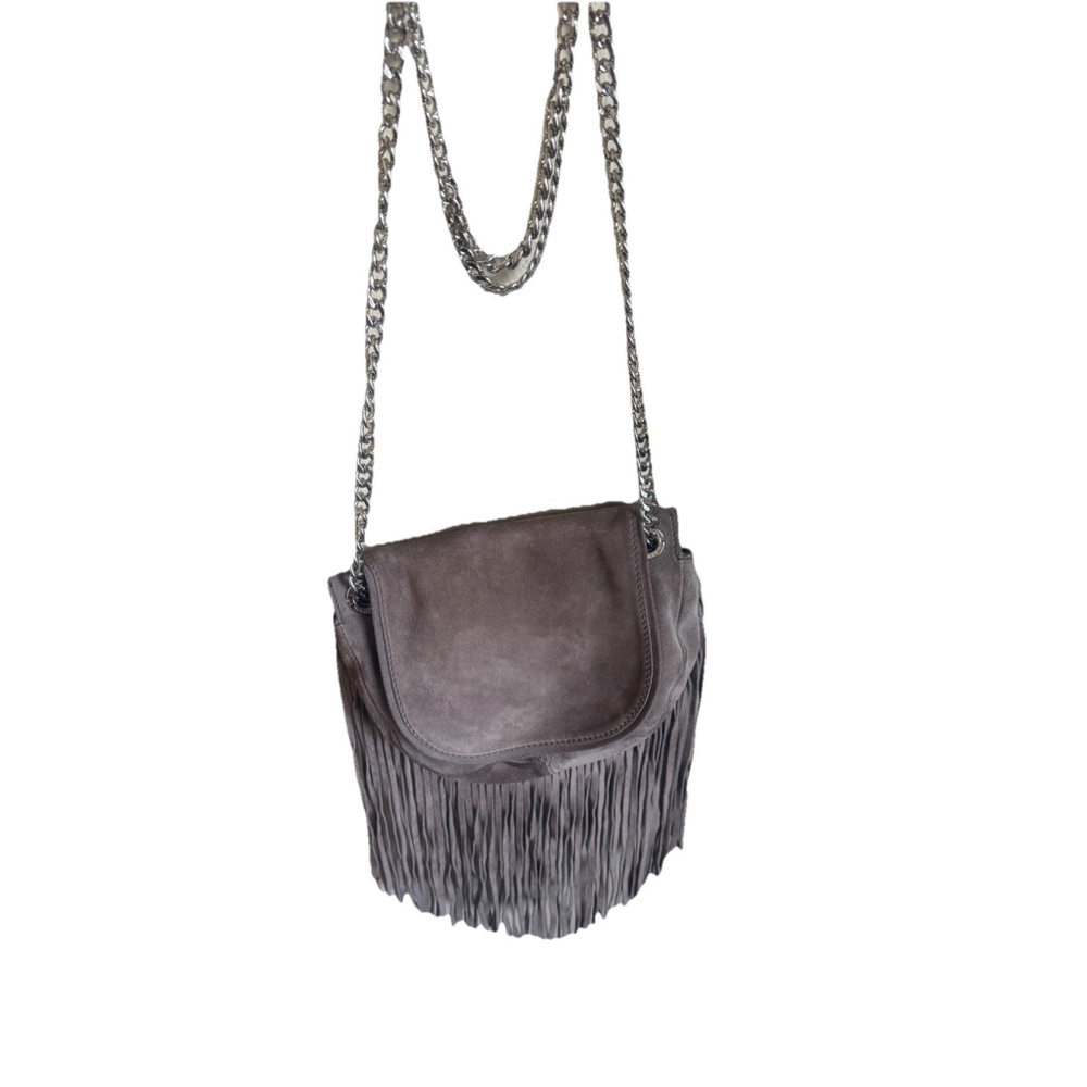 The Ramy Brook Nar Saddle Crossbody Shoulder Bag Taupe suede leather
